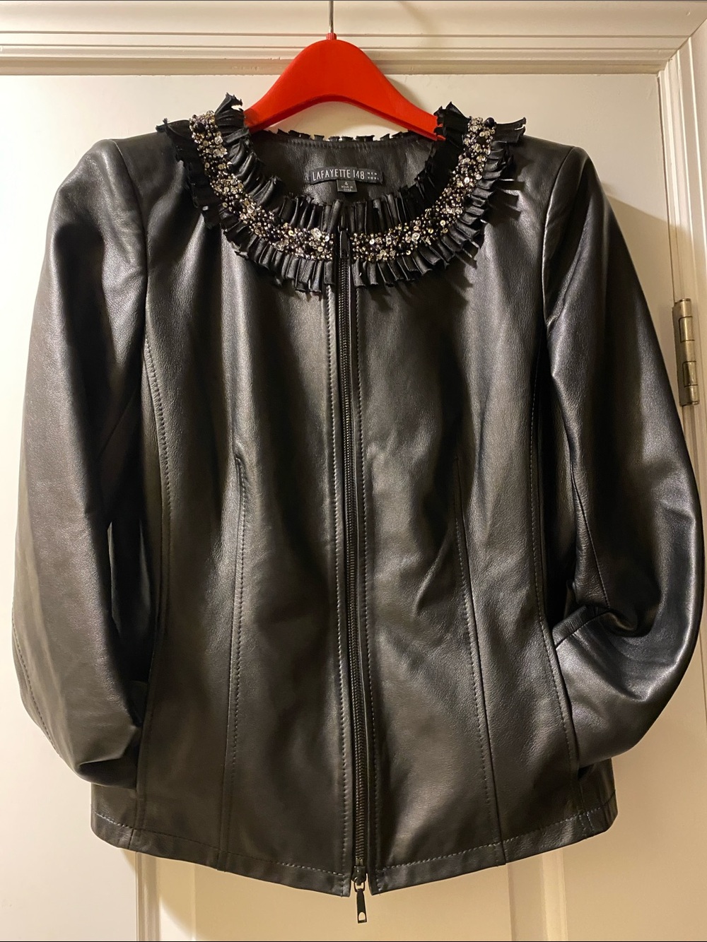 Lafayette 148 New York 💯 Leather Oversized Sparkling Collar Double Zip Jacket